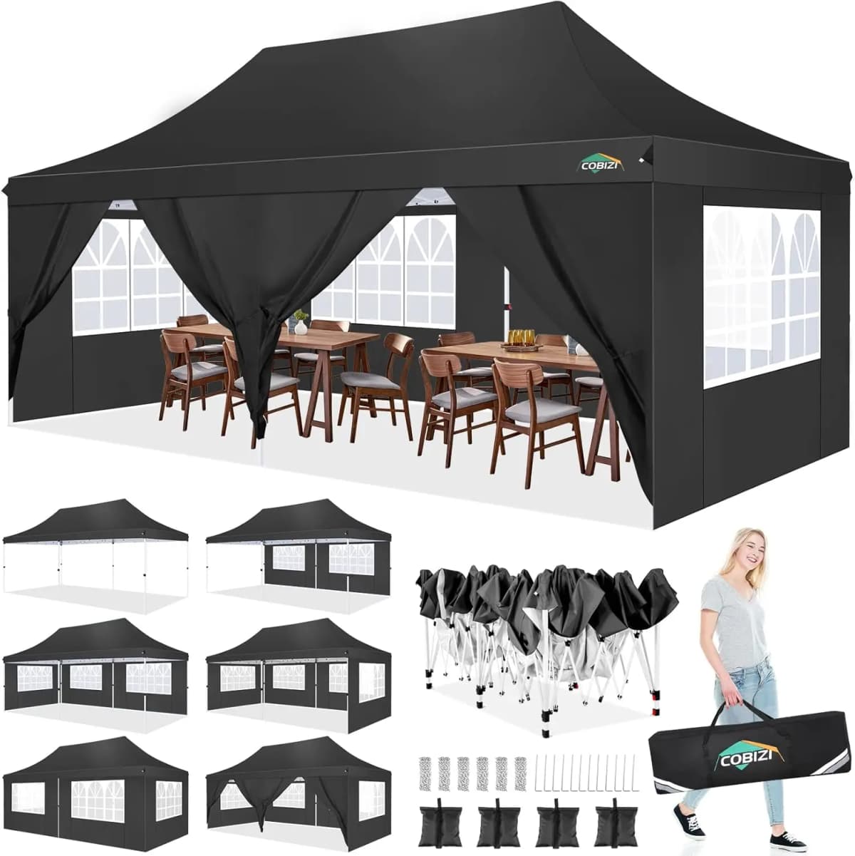 3x6m Folding Gazebo Waterproof Stable,Party Tent with 6 Sidewalls,Outdoor Pop Up Garden Gazebo for Parties, Markets, UV 50+