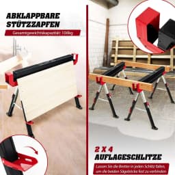 2 x Height Adjustable Work Stand, Maximum Load 1180 kg, Folding Sawhorse, Non-Slip PVC Top, Portable Axle Stand (Red + Black)