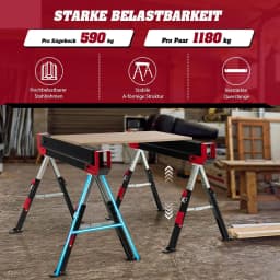 2 x Height Adjustable Work Stand, Maximum Load 1180 kg, Folding Sawhorse, Non-Slip PVC Top, Portable Axle Stand (Red + Black)