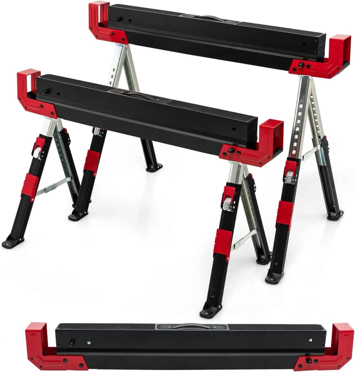2 x Height Adjustable Work Stand, Maximum Load 1180 kg, Folding Sawhorse, Non-Slip PVC Top, Portable Axle Stand (Red + Black)