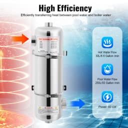 Pool Heat Exchanger with 60kW Power, SS 304 Stainless Steel Construction, 200K Btu/H Output, Fast Heating for Chlorinated and