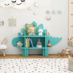 Children's Shelf, 2 Levels, Wooden Toy Shelf with Open Shelves, Cute Bookcase, Playroom, Nursery (Green, Dinosaur)
