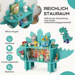 Children's Shelf, 2 Levels, Wooden Toy Shelf with Open Shelves, Cute Bookcase, Playroom, Nursery (Green, Dinosaur)