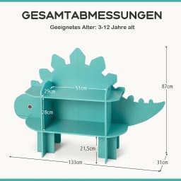 Children's Shelf, 2 Levels, Wooden Toy Shelf with Open Shelves, Cute Bookcase, Playroom, Nursery (Green, Dinosaur)