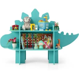 Children's Shelf, 2 Levels, Wooden Toy Shelf with Open Shelves, Cute Bookcase, Playroom, Nursery (Green, Dinosaur)