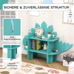 Children's Shelf, 2 Levels, Wooden Toy Shelf with Open Shelves, Cute Bookcase, Playroom, Nursery (Green, Dinosaur)