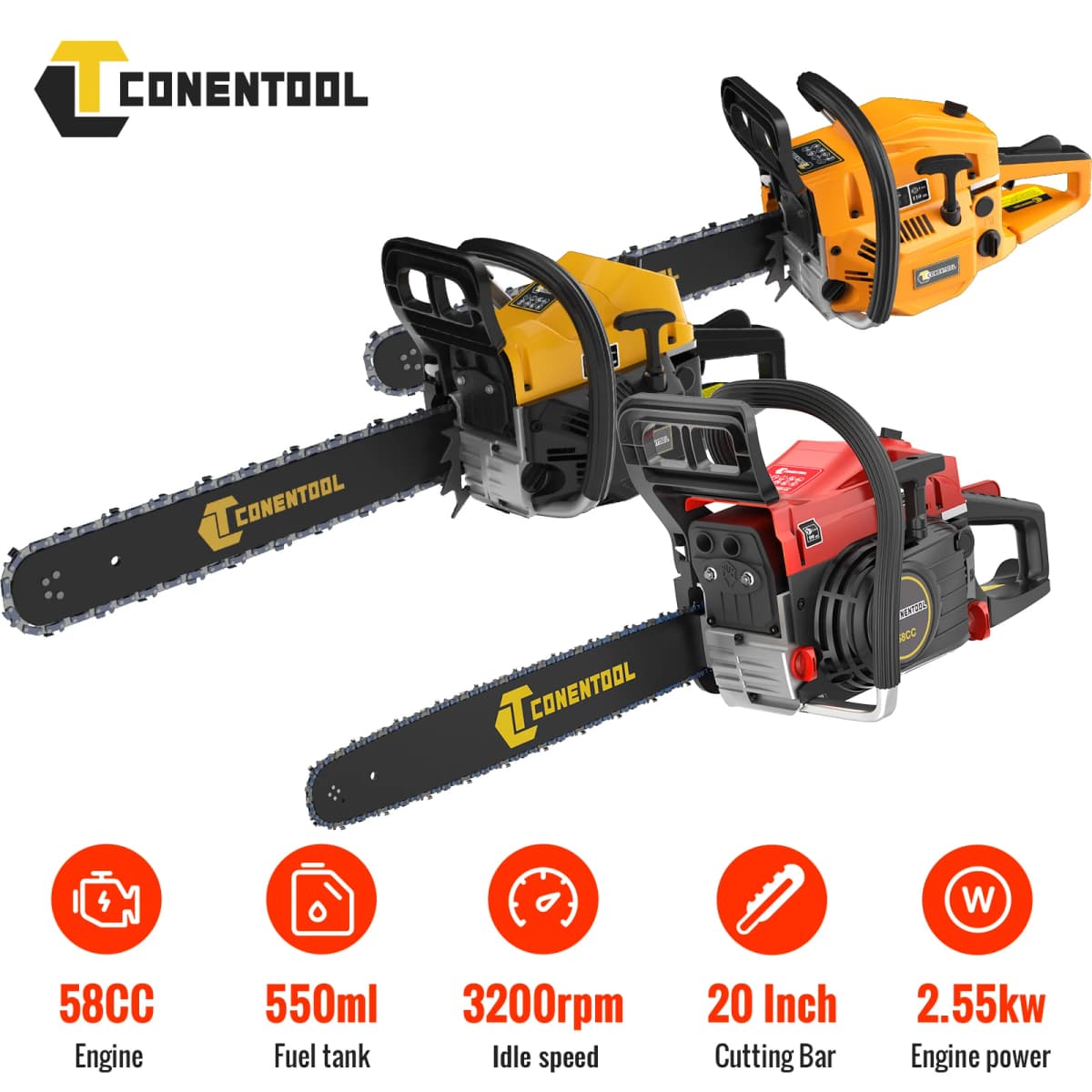 20in 58cc Petrol Chainsaw, 2.55KW 11500PRM Powerful Gasoline 2 Stroke Engine Gas Powered Chainsaws with 550ML Capacity Fuel Tank