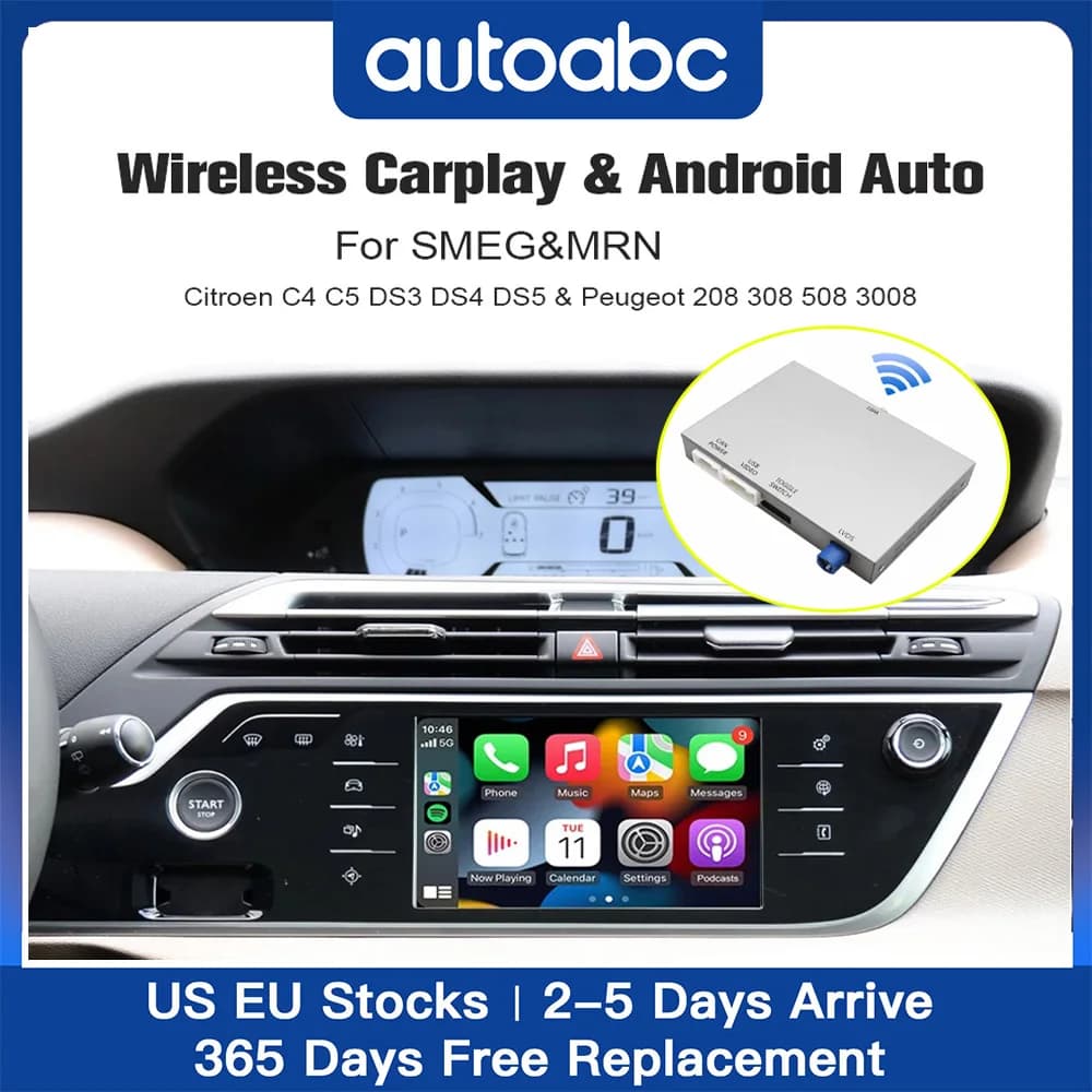 AUTOABC Wireless Carplay Android Auto For SMEG Citroen C4 C5 DS3 DS4 0S5 &Peugeot 208 308 508 3008 Support Reverse Camera