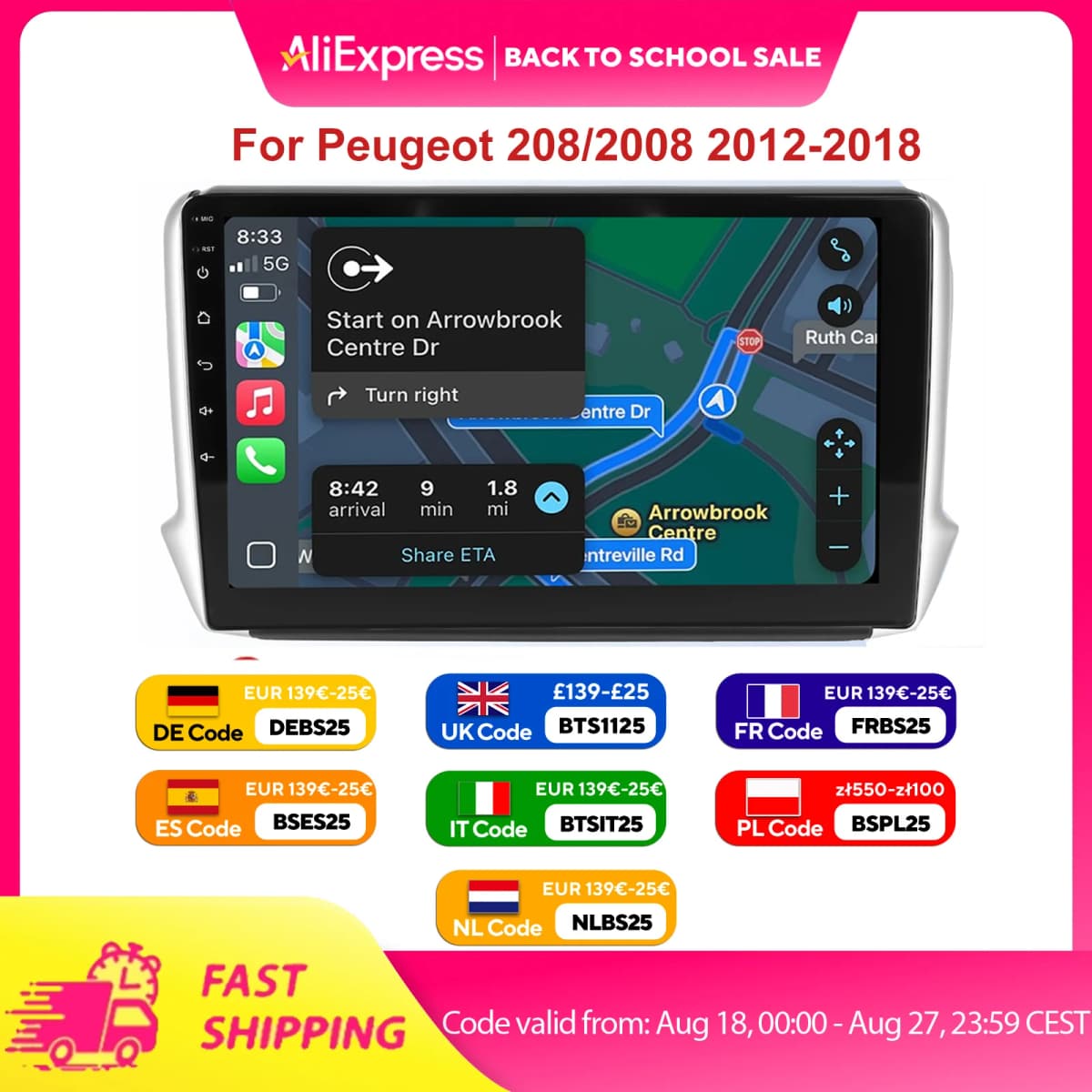 ESSGOO For Peugeot 208/2008 2012-2018 Android 14 10 inch Wireless Carplay Android auto Car stereo radio GPS Navi WIFI swc Bt FM