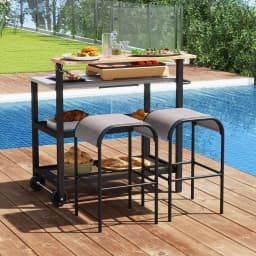Barbecue Trolley with Hinged Table, Grill Table with Hooks, Towel Holder, Bin Bag Holder & 2 Shelves, Outdoor Serving Trolley