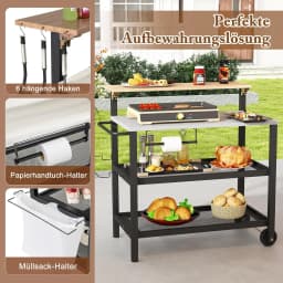 Barbecue Trolley with Hinged Table, Grill Table with Hooks, Towel Holder, Bin Bag Holder & 2 Shelves, Outdoor Serving Trolley