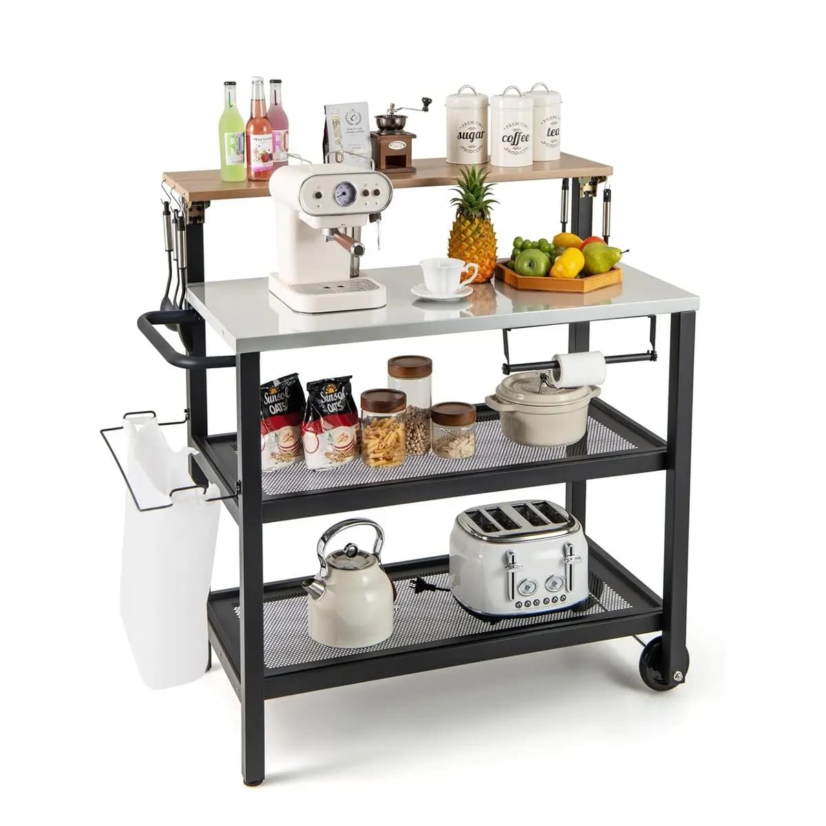 Barbecue Trolley with Hinged Table, Grill Table with Hooks, Towel Holder, Bin Bag Holder & 2 Shelves, Outdoor Serving Trolley