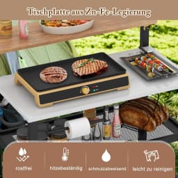 Barbecue Trolley with Hinged Table, Grill Table with Hooks, Towel Holder, Bin Bag Holder & 2 Shelves, Outdoor Serving Trolley