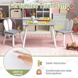 Children's Table with 2 Chairs, 3-Piece Children's Seating Set with Solid Wood Legs and Rabbit Ears Backrest