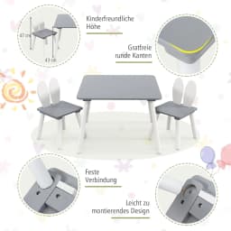 Children's Table with 2 Chairs, 3-Piece Children's Seating Set with Solid Wood Legs and Rabbit Ears Backrest