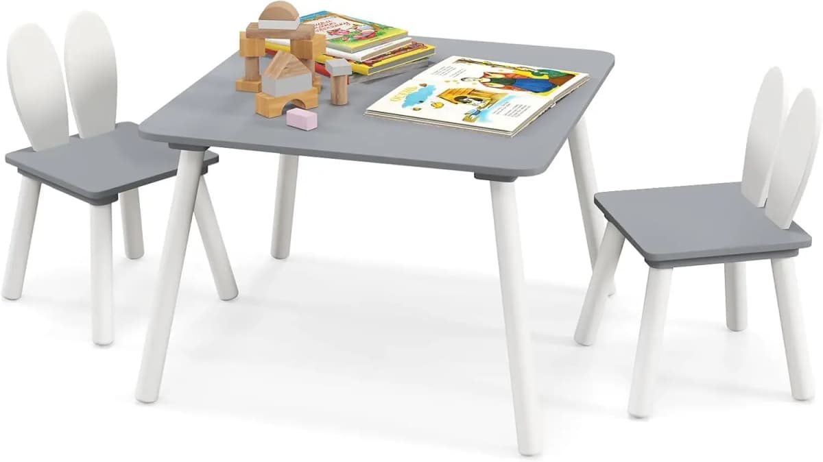 Children's Table with 2 Chairs, 3-Piece Children's Seating Set with Solid Wood Legs and Rabbit Ears Backrest