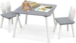 Children's Table with 2 Chairs, 3-Piece Children's Seating Set with Solid Wood Legs and Rabbit Ears Backrest