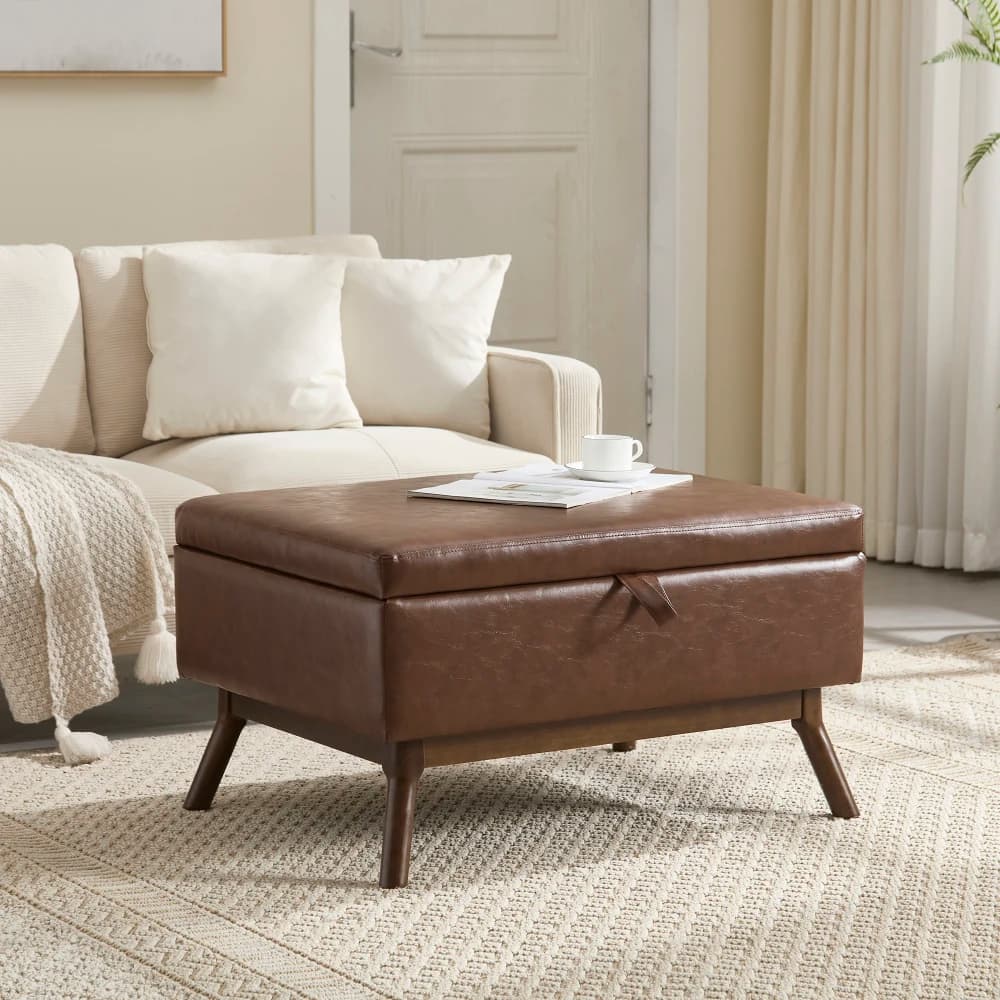 Mid-Century Modern Square Coffee Table Storage Bench, Assembled, Suitable for Living Room, Entryway and Family Room