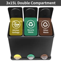 Rubbish Bin 3 Compartments, 3 x 15 L Waste Separation System, 45 Litre Kitchen Waste Bin, Large Stainless Steel Pedal Bin