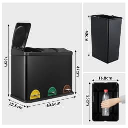 Rubbish Bin 3 Compartments, 3 x 15 L Waste Separation System, 45 Litre Kitchen Waste Bin, Large Stainless Steel Pedal Bin