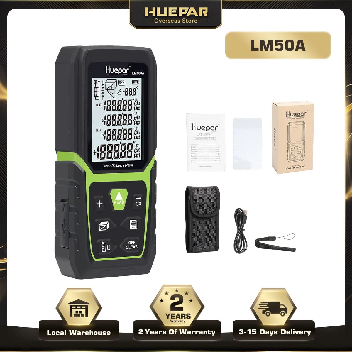 Huepar LM50A Laser Rangefinder 165Ft/ 50M Backlit LCD Laser Measure M/In/Ft with Li-ion Battery & Electric Angle Sensor