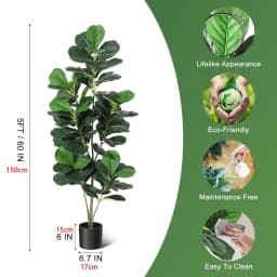 Artificial Fiddle Leaf Fig Tree Large Faux Plant Tree with Black Planter Pot Fake Potted for Indoor Outdoor Home Office Decor
