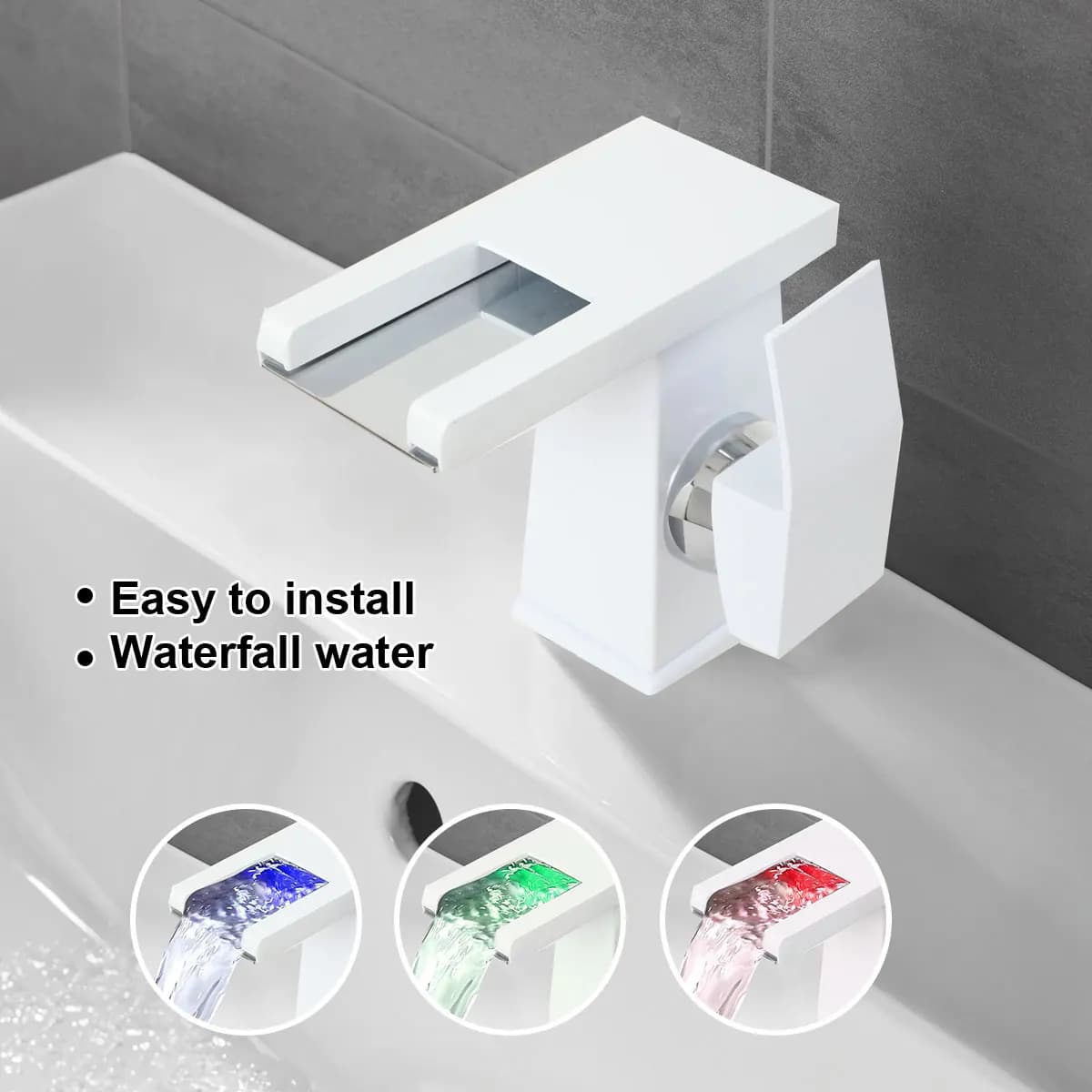 LED Matte Bathroom Sink Waterfall Faucet Three Colors Change with Temperature Hot and Cold Water Mixer Taps Water Inlet Pipe