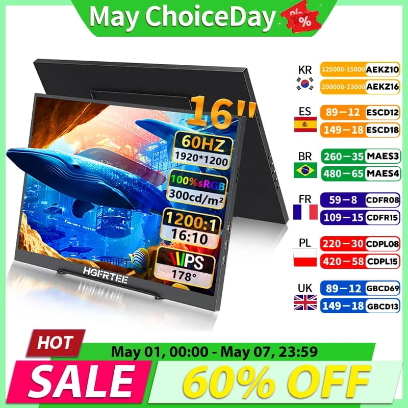 HGFRTEE 16 inch Portable Monitor 100%sRGB FHD 60HZ Laptop Monitor VESA Hole Eye Care External Second Screen for PC Phone MAC