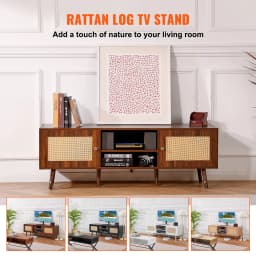 SucceBuy Rattan TV Stand Mid Century Modern TV Stand with Build-in Socket USB Ports Adjustable Shelfs for Living Room Media Room