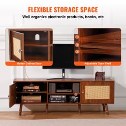 SucceBuy Rattan TV Stand Mid Century Modern TV Stand with Build-in Socket USB Ports Adjustable Shelfs for Living Room Media Room