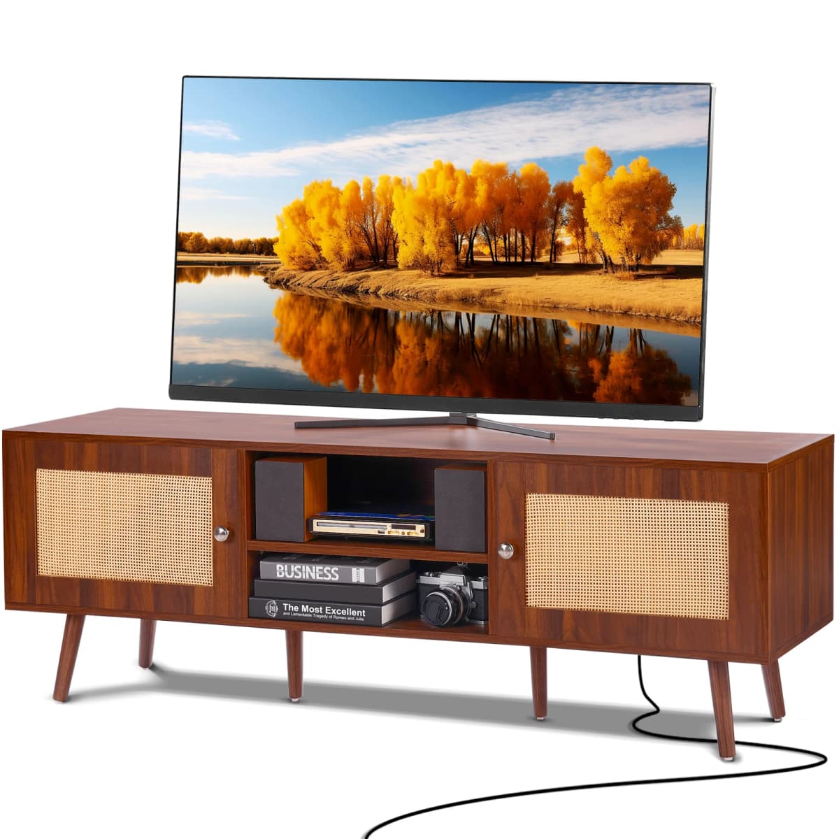 SucceBuy Rattan TV Stand Mid Century Modern TV Stand with Build-in Socket USB Ports Adjustable Shelfs for Living Room Media Room