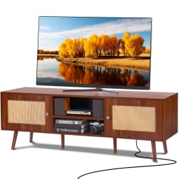 SucceBuy Rattan TV Stand Mid Century Modern TV Stand with Build-in Socket USB Ports Adjustable Shelfs for Living Room Media Room