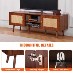SucceBuy Rattan TV Stand Mid Century Modern TV Stand with Build-in Socket USB Ports Adjustable Shelfs for Living Room Media Room