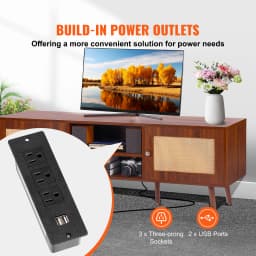 SucceBuy Rattan TV Stand Mid Century Modern TV Stand with Build-in Socket USB Ports Adjustable Shelfs for Living Room Media Room