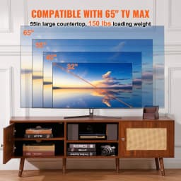 SucceBuy Rattan TV Stand Mid Century Modern TV Stand with Build-in Socket USB Ports Adjustable Shelfs for Living Room Media Room