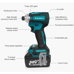 Kamolee 588Nm Cordless Electric Impact Brushless Wrench 5 Speed Screwdriver Power Tool 1/4" with 3 LED Light for Makita Battery