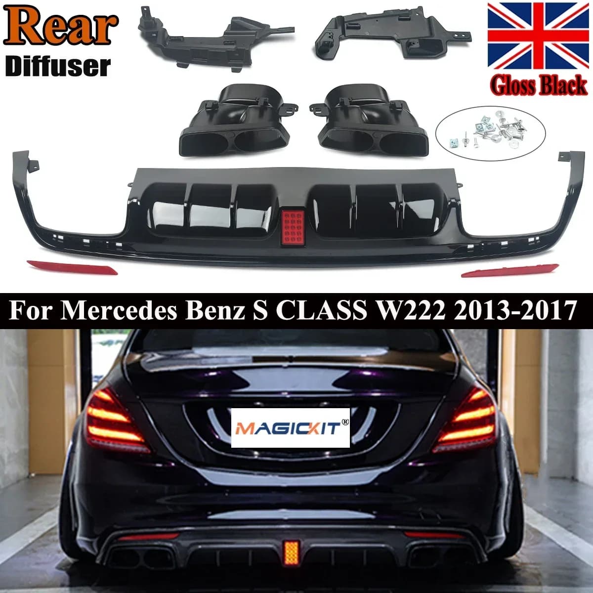 FOR MERCEDES S CLASS W222 B STYLE AMG REAR DIFFUSER TAILPIPE GLOSS BLACK 13-17