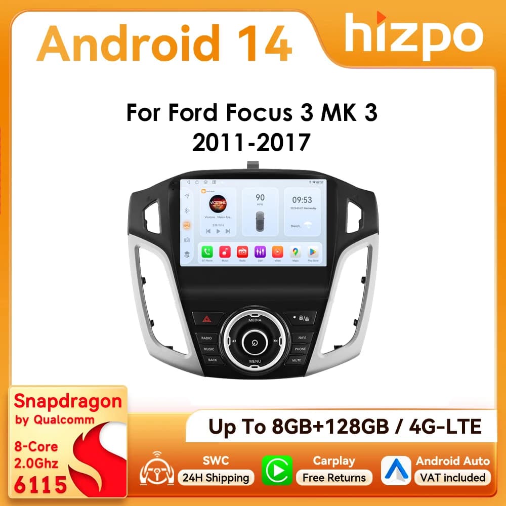 Hizpo 9inch 2Din CarPlay Android Auto Car Radio for Ford Focus 3 MK3 2011 - 2017 Snapdragon6115 GPS Navigation RDS DSP 4G BT SWC 360°CAM
