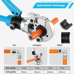 TLGREEN Hydraulic Pipe Crimping Tool with TH16 20 26 32mm Shapes with 360° Rotating Head 16T for Copper/Alu Plastic/Pex/PB Pipe