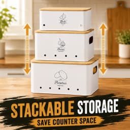 SIAZIH 3 Pcs Onion Garlic Potato Storage Box Multipurpose Vegetable Metal Container with Bamboo Lid and Ventilation Holes