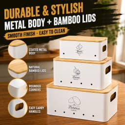 SIAZIH 3 Pcs Onion Garlic Potato Storage Box Multipurpose Vegetable Metal Container with Bamboo Lid and Ventilation Holes