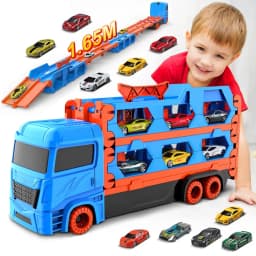 VATOS Transport Truck, 6pcs Racing Cars for 3 4 5 6 Year Old Boys, Portable, Best Gift for Kids.