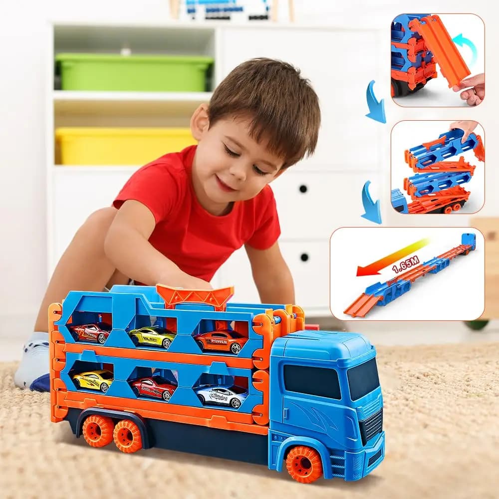 VATOS Transport Truck, 6pcs Racing Cars for 3 4 5 6 Year Old Boys, Portable, Best Gift for Kids.