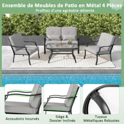 4-piece metal garden furniture set, outdoor furniture set with tempered glass coffee table and cushions, load capacity 300KG