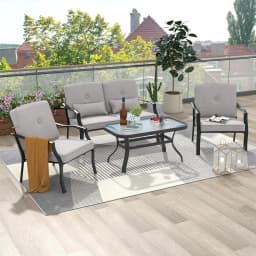 4-piece metal garden furniture set, outdoor furniture set with tempered glass coffee table and cushions, load capacity 300KG
