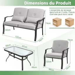 4-piece metal garden furniture set, outdoor furniture set with tempered glass coffee table and cushions, load capacity 300KG
