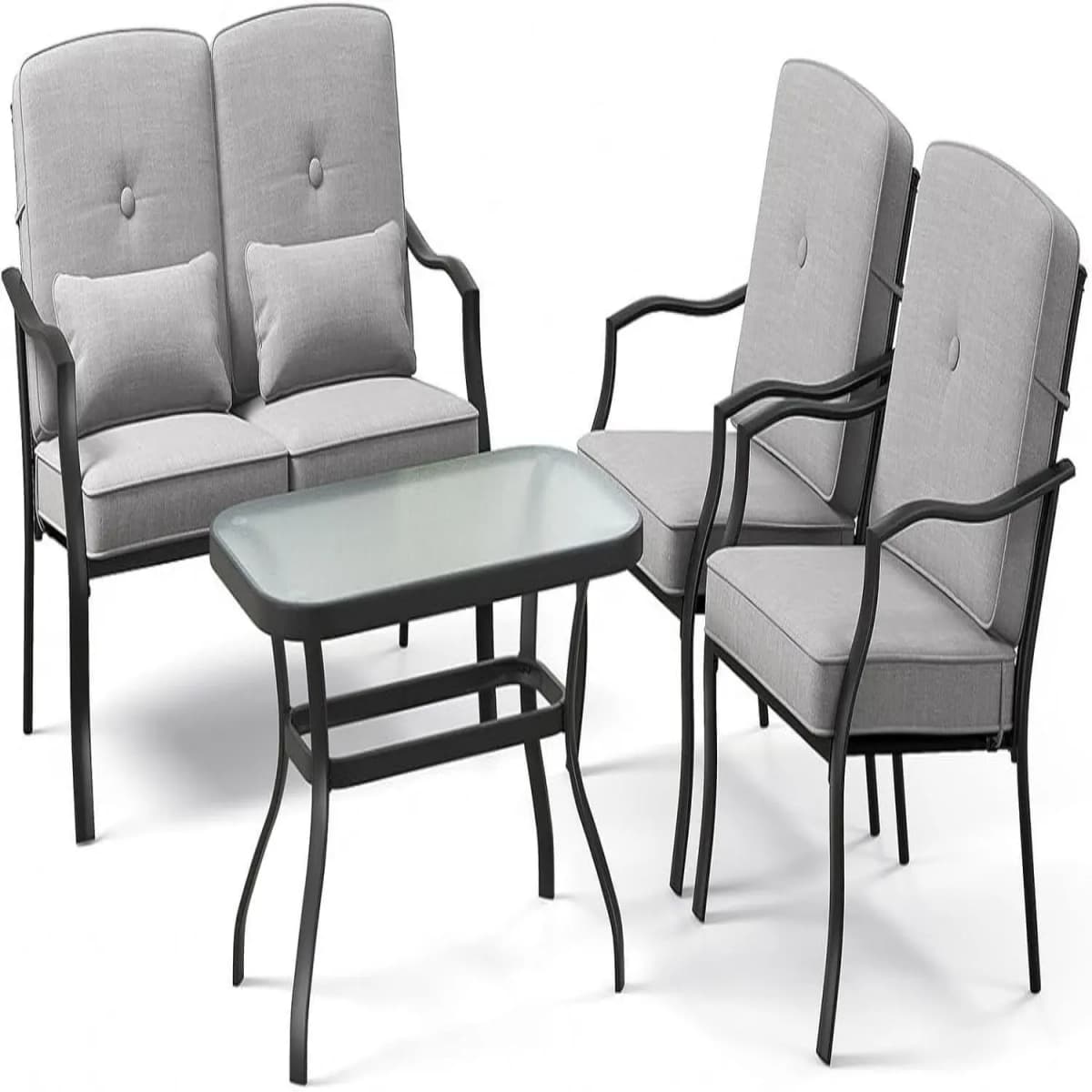 4-piece metal garden furniture set, outdoor furniture set with tempered glass coffee table and cushions, load capacity 300KG