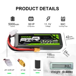 OVONIC 3S LipoBattery 50C 5000mAh 11.1V RC with XT60 Plug for RC Car Boat Truck Aeroplane Quadcopter One Additional TRX Plug (2P