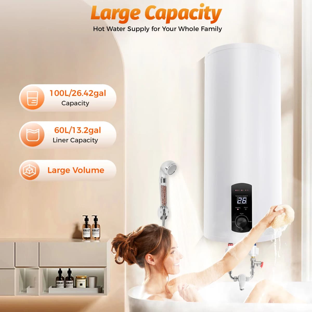Electric Storage Hot Water Heater 60L Electric Boiler Instantaneous Water Heater Boiler Horizontal 220V 2000W 25-75 ° C