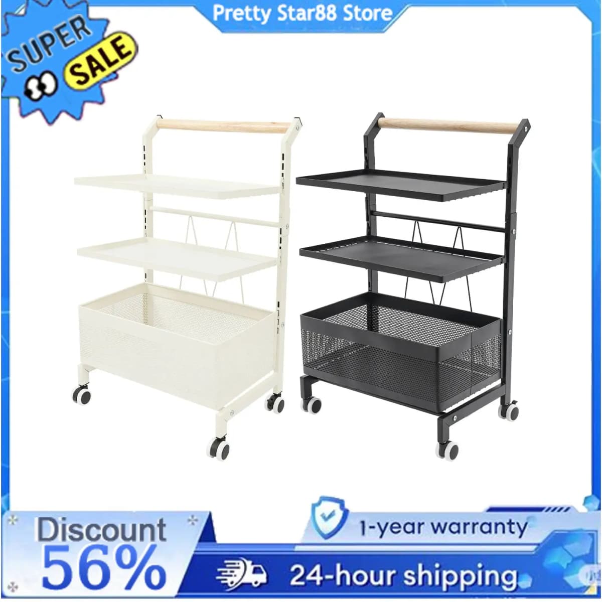 Storage Rack Trolley White/Black Rust-Resistant Food Trolley with Wheels for Kitchen/Living Room/Bedroom/Dormitory/Bathroom